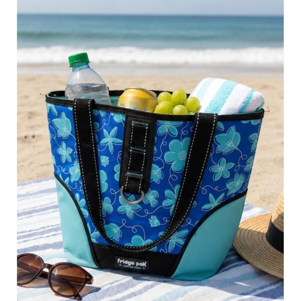 Fridge Pak Really Cool Blue Teal Floral Insulated Lunch Tote Bag Zippered Canvas